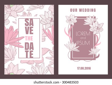 Set of vector floral save the date vintage card. Hand drawn lotus flower, seamless pattern background. Dirty pink pastel colors illustration. Wedding invitation, birthday, flyer, banner design.