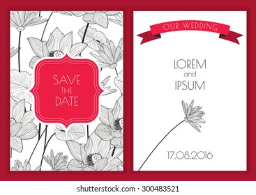 Set of vector floral save the date greeting card. Hand drawn lotus flower seamless pattern background. Black, white, red colors illustration. Wedding invitation, birthday, flyer, banner design.