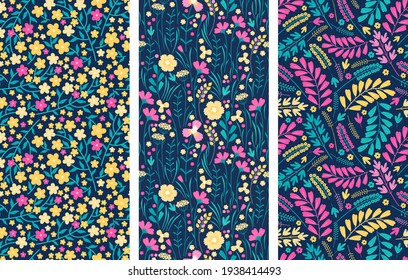 Set of vector floral seamless patterns. Blooming midsummer meadow. Bright colorful pink and yellow flowers, leaves and stems on a dark background. Different flowers on the field. Scandinavian style