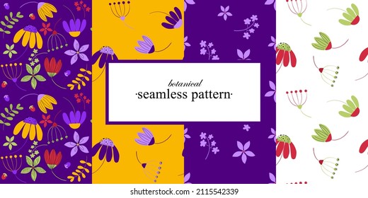 Set of vector floral seamless patterns in trendy colors of 2022