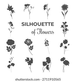 A set of vector floral silhouettes of various plants and flowering branches. This set is suitable for logos, patterns, branding, packaging, posters, business cards, web design, and decorative projects