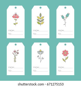 Set of vector floral tags. Flowers on a stem. For greeting cards, brochures, tags and labels, flower shops, gifts decoration and sales design, scrapbooking.