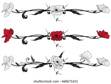 set of vector floral vignettes with poppy in black, red and white colors