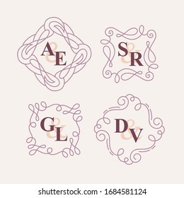 Set of vector floral wedding template monogram logo. Vintage monoline Wreath Background. Floral frames easy to edit. Perfect for invitation or greeting card with letters or text.