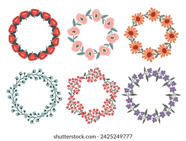 Conjunto vector corona floral de flores de primavera dibujado a mano. Corona floral vintage. Elemento floral decorativo para diseñar invitaciones, cubiertas, cuadernos y otros artículos, marcos florales redondos