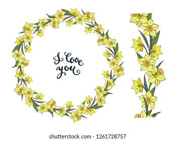 Set of Vector floral wreath with yellow narcissus and seamless horizontal brush with flowers isolated on a white background