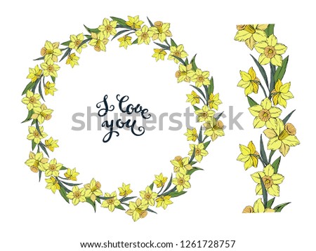 Set of Vector floral wreath with yellow narcissus and seamless horizontal brush with flowers isolated on a white background