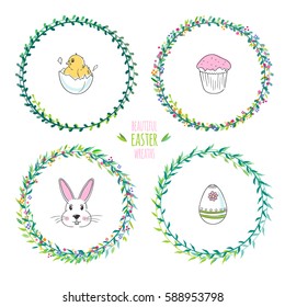 Set of vector floral wreaths and illustrations for Easter isolated on white.