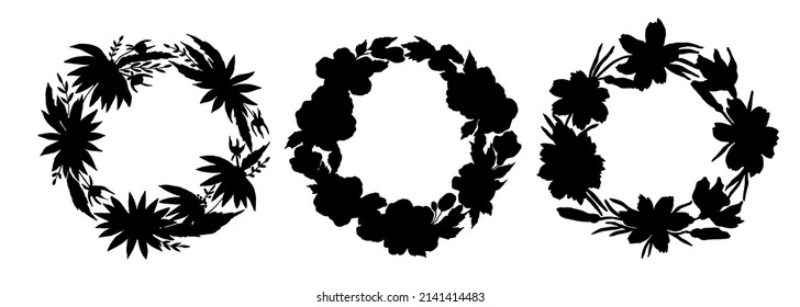 Conjunto de coronas vectoriales florales. Flores de manzana de primavera, daffodils, margaritas con hojas, ramas y brotes son dibujadas a mano sobre un fondo blanco. Esbozo de tinta botánica. Diseño de contorno de primavera.