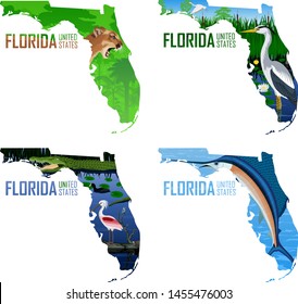 Set of vector Florida - American state map with swordfish Atlantic sailfish, great blue heron, puma cougar or mountains lion, alligator, spoonbill, coot and turtle