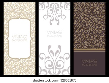 Set of vector flourish banner template. Floral vintage seamless pattern and background. Decorative backdrop. Design concept for boutique, beauty salon, spa, fashion, flyer, invitation, card.