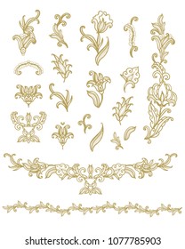Set of vector flourish decorative elements - vignettes, branches on white background