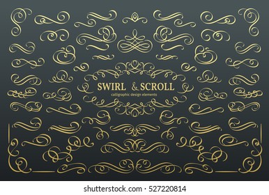 Set vector flourishes. Calligraphic and page decoration design elements. Swirl, scroll and divider. . Golden design elements, page decoration.
