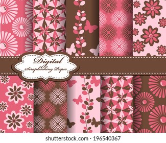 set of vector flower abstract pattern paper with butterfly for scrapbook