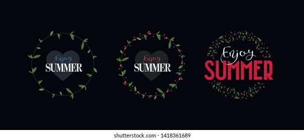 Set of vector flower banner pattern templates. Nature floral circle frame with flowers, green leaves and red berries isolated on black background. Design for summer activities, web, shops, menu.