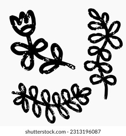 Set vector. Flower and branches with leaves, grunge shabby elements texture. Black set of doodle illustrations. Elements for design