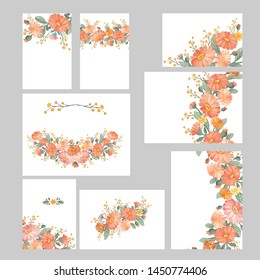 Set of vector flower cards. Orange marigold. Bright floral garland from calendula. Floral frame on a white background for poster, invite. Vector layout decorative greeting card or invitation design.