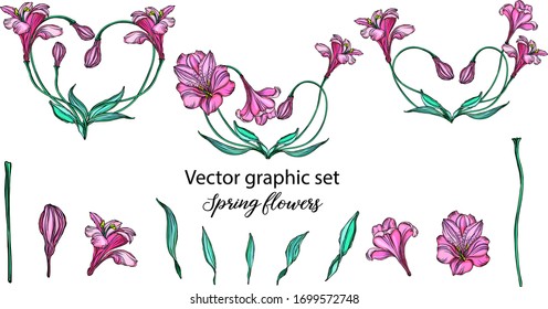 A set of vector flower compositions. Heart of flowers. Lily.