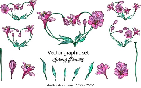 A set of vector flower compositions. Heart of flowers. Lily.