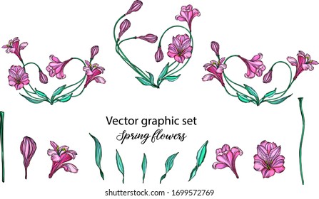A set of vector flower compositions. Heart of flowers. Lily.