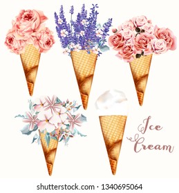 Set of vector flower ice cream