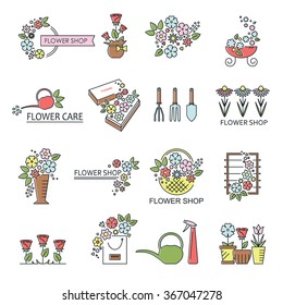 Set of vector flower shop icons. Business sign. Floral label. Plant emblem. Brand identity concept. Nature line style stamp. Boutique or spa design isolated