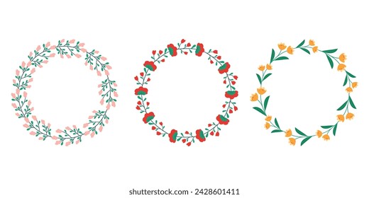 Satz von Vektorblumen. Schöne Blumenkränze. Elegante handgezeichnete Blumenkollektion mit rosa, roten und gelben Blumen. Vektor-Design für Einladungs-, Hochzeits- oder Grußkarten, floraler runder Rahmen.