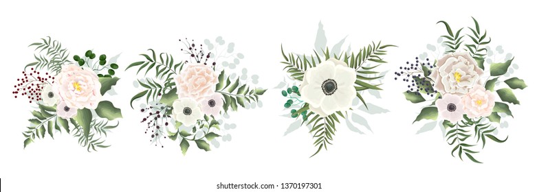 Set of vector flowers. Beige roses, anemones, berries, green leaves. All elements are isolated. Flowers on white background.
