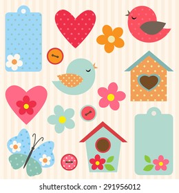 Set of vector flowers, birds, butterfly and birdhouses