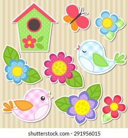 Set of vector flowers, birds, butterfly and birdhouse