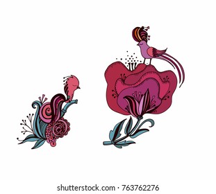 Set of vector flowers and birds on white background