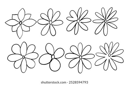 Conjunto de flores de Vector en estilo infantil para decorar su diseño. Ilustración de flores en el estilo Doodle.