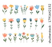 Set of vector flowers. Collection of 25 elements isolated on white.  Blue, pink, yellow colors. Cute cartoon flat design. Daisy, tulip, cornflower, wild and fantasy flowers. 