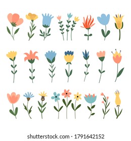 Set of vector flowers. Collection of 25 elements isolated on white.  Blue, pink, yellow colors. Cute cartoon flat design. Daisy, tulip, cornflower, wild and fantasy flowers. 