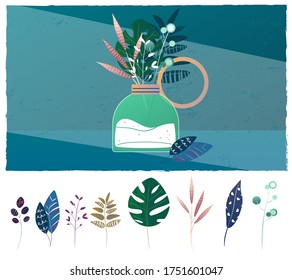 Set of vector flowers. Collection of flat plants. Floral background.