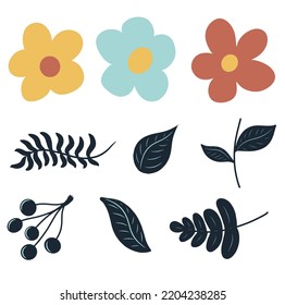 Set of vector flowers. Colourful plants. Flowers and leaves. Ink drawings. Vector sketches. Decorative elements.