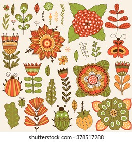 Set of vector flowers. Vector floral set. Graphic collection with leaves, herbs, bugs, butterflies and flowers, drawing elements. Spring theme design for invitation, wedding or greeting cards