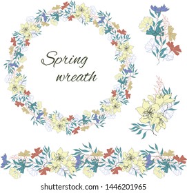 Set of vector flowers. Floral wreath retro style. Summer flowers hand-drawn on a white background. For decoration, cards, fabrics, invitations, tiles. Vector illustration