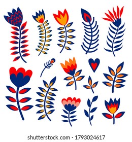 Set of vector flowers in folk style. Сollection for sublimation design, print, poster design, card making, stationery, party tags, blog design, logos, digital scrapbooking, packaging, greeting cards.