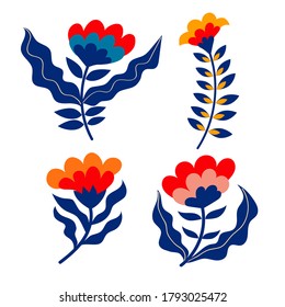 Set of vector flowers in folk style. Сollection for sublimation design, print, poster design, card making, stationery, party tags, blog design, logos, digital scrapbooking, packaging, greeting cards.