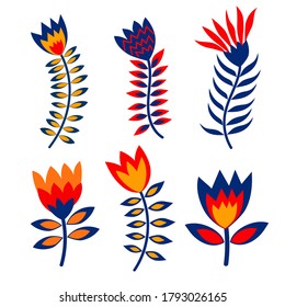 Set of vector flowers in folk style. Сollection for sublimation design, print, poster design, card making, stationery, party tags, blog design, logos, digital scrapbooking, packaging, greeting cards.