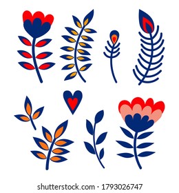 Set of vector flowers in folk style. Сollection for sublimation design, print, poster design, card making, stationery, party tags, blog design, logos, digital scrapbooking, packaging, greeting cards.