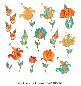 Set of vector flowers, intricate stamp design, kalamkari