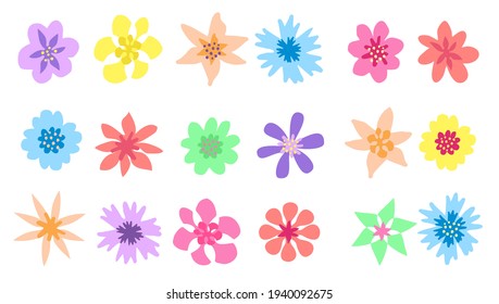 Set of vector flowers isolated on white. Spring flower icons. Symbols of nature, illustration of romantic decoration elements for celebration spring holiday. For stickers, tags, gift wrapping paper.