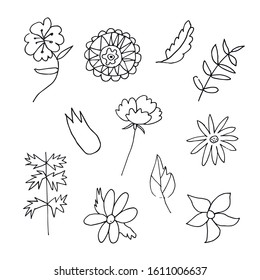 Set of vector flowers and leaves hand drawn clip art. Black line art illustration on a white isolated background. Design for wrapping paper, stickers, cards, packages and coloring.