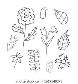Set of vector flowers and leaves hand drawn clip art. Black line art illustration on a white isolated background. Design for wrapping paper, stickers, cards, packages and coloring.