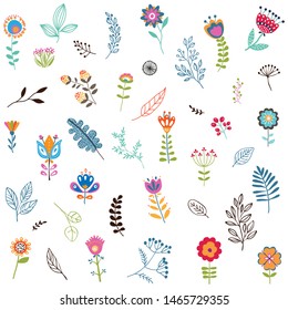 set of vector flowers and leaves isolated on white background. Hand drawn illustration 