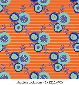Conjunto de flores vectoriales y hojas de fondo tropical patrón sin fisuras. Trios de florales de estilo garabato dibujados a mano sobre fondo rayado. Diseño botánico Diagonal de tierras de cultivo. Todo impreso para el verano
