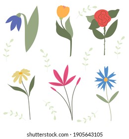 Un conjunto de flores vectoriales en un fondo pastel, flores dibujadas a mano en el estilo doodle para uso en postales, aplicaciones, libros para niños