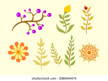 Conjunto de flores vectoriales, plantas y hojas para diseño gráfico, para moda, saludo, tarjetas de vacaciones sobre un tema natural o decoración